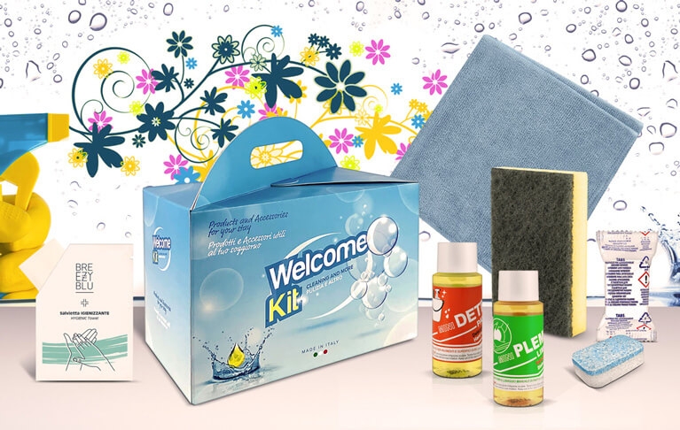 Welcome Kit prodotti per residence e case vacanza. Detersivi formato mini.